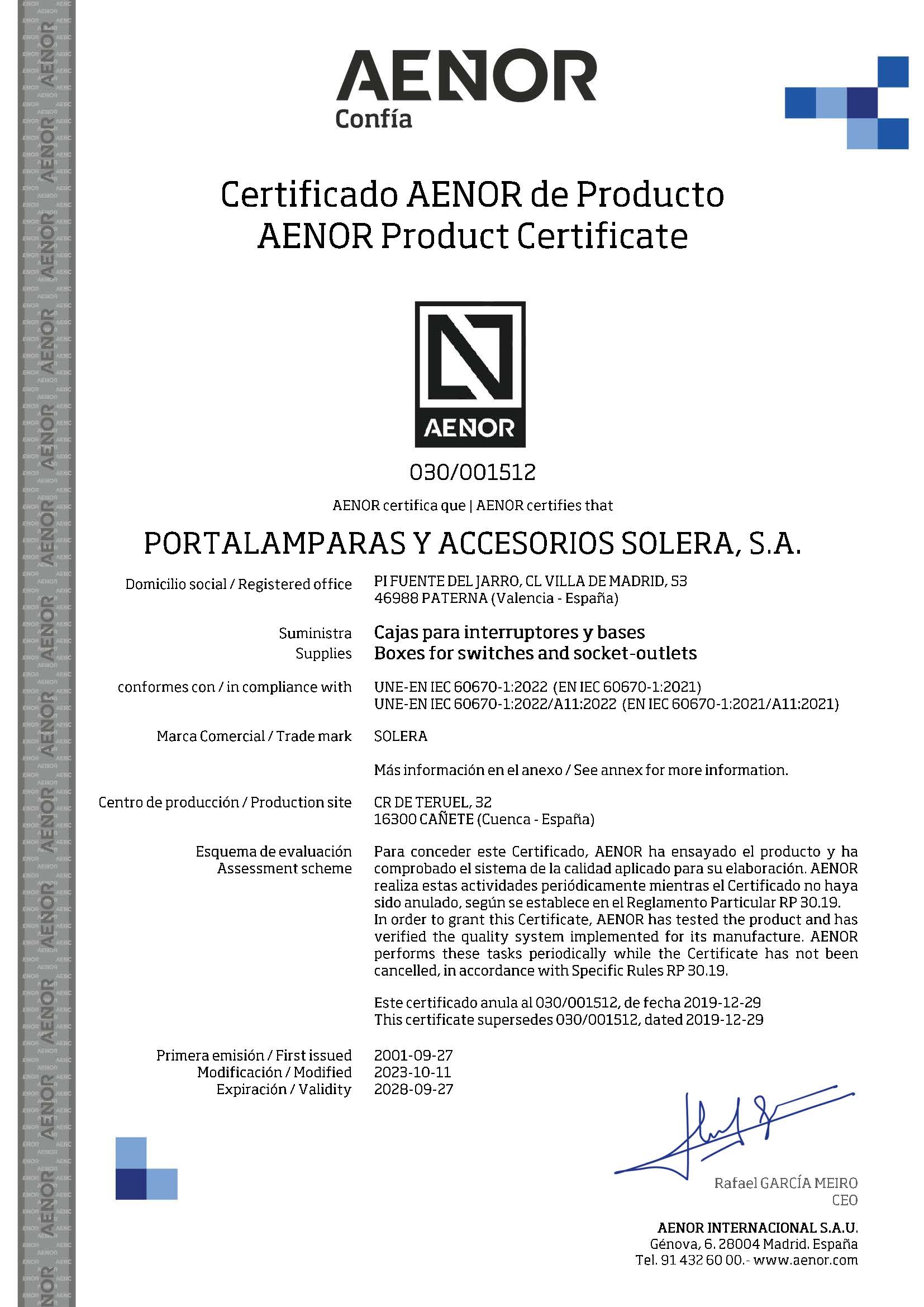 AENOR 625 product certificate