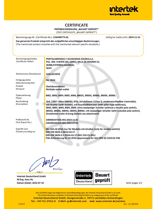 Certificado de producto Intertek serie 8000 sin cable