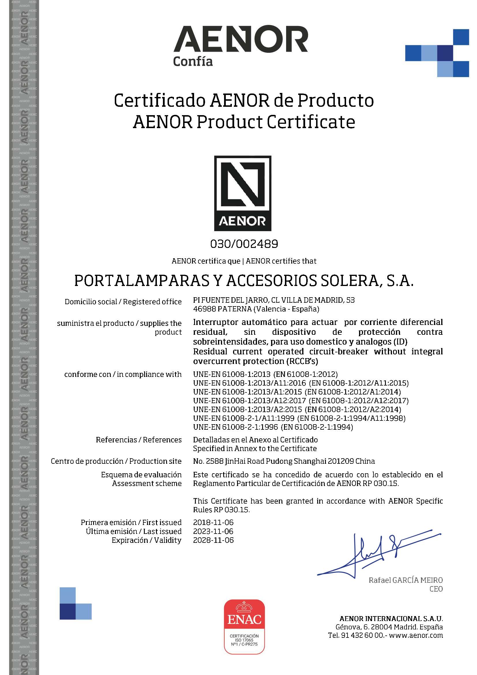 Certificat de produs AENOR Disjunctoare diferențiale