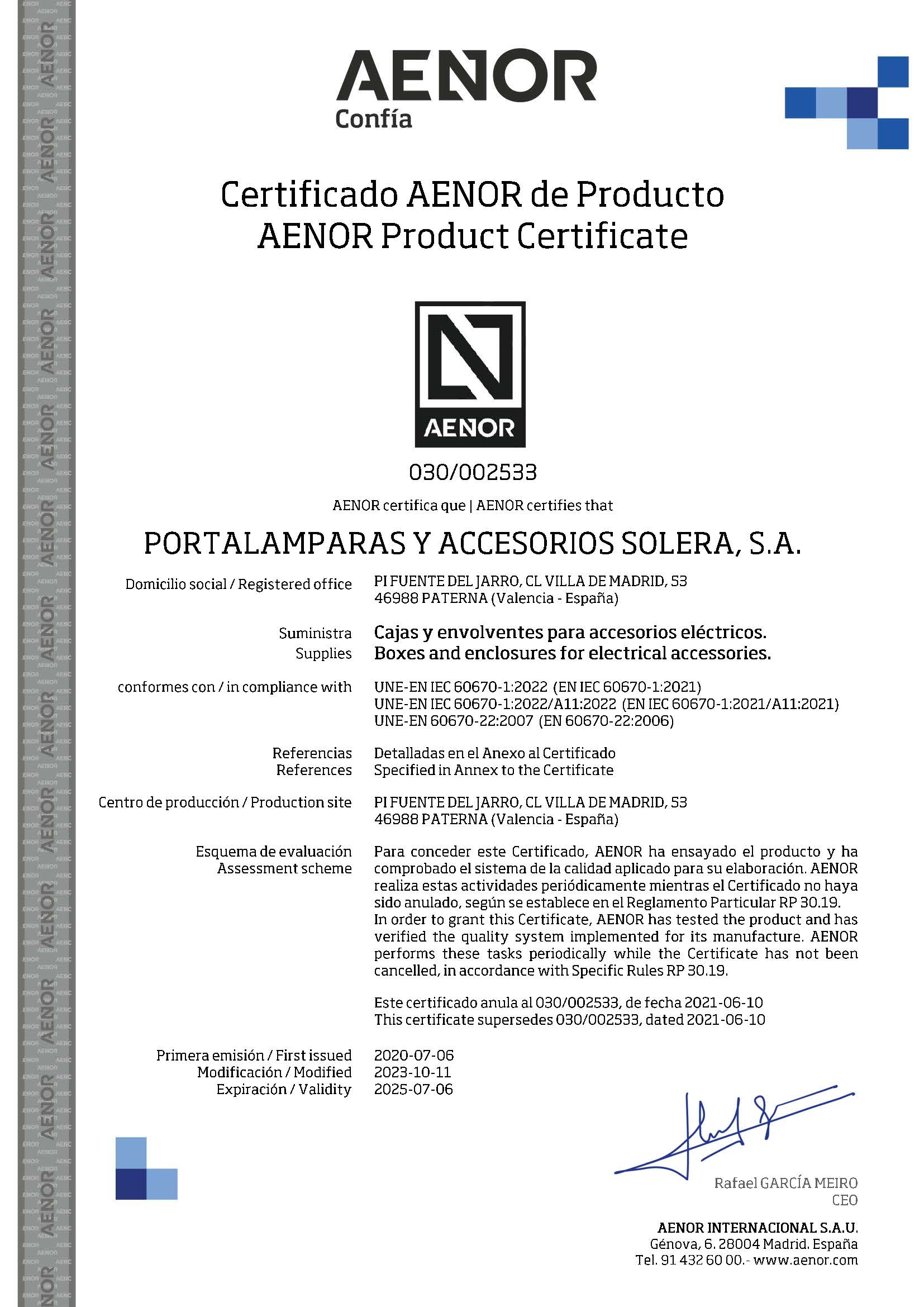 Certificado de producto AENOR para serie Ybox
