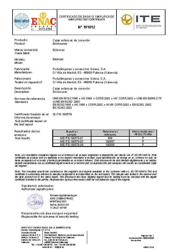 Certificado de producto serie estancas (IK09)