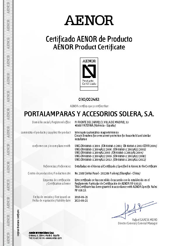Certificado de producto AENOR magnetotérmicos