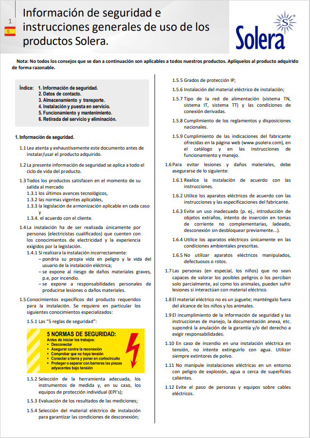 Información de seguridad e instrucciones generales de uso de los productos Solera